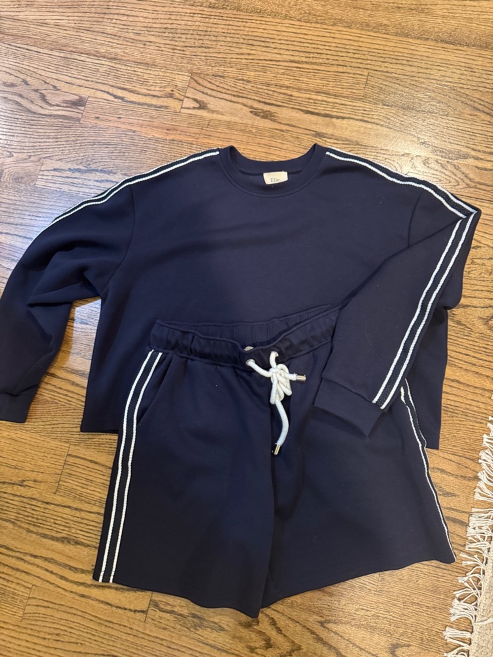 Ellie Navy Sweatshirt with White Shoulder Stripes and matching shorts